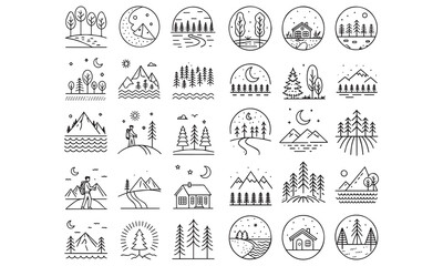 Nature Landscape Icons – Mountains, Forest, Hiking, Camping, and Outdoor Adventure Line Art