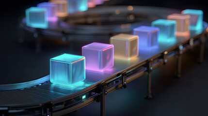 Glowing colorful cubes moving on a conveyor belt representing CI/CD.