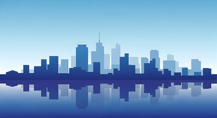 Blue Cityscape Silhouette Reflecting on Water in Urban Setting