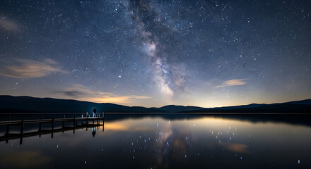 Milky Way Glowing Above Still Lake Reflecting Stars at Night