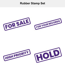 Distressed Purple Rubber Stamp Set with For Sale, High Priority and Hold on white background