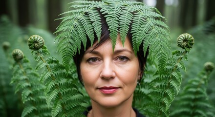 Woman with ferns integrated into hair evokes mystical forest spirit nature portrait