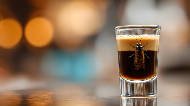 High quality photo of a Cucaracha shot in a clear glass with coffee liqueur and tequila