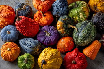 A colorful assortment of various textured gourds and pumpkins in vibrant shades of orange, green, yellow, purple, and blue.