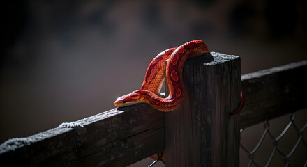 Orange Snake Coiled on Weathered Wooden Fence Post Outdoor