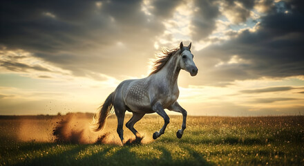 Gray Horse Running Galloping in Golden Meadow at Sunset