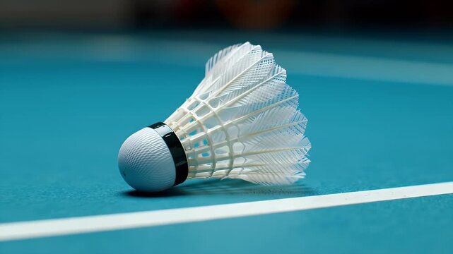 Close Up of a Shuttlecock on a Blue Badminton Court Floor with White Line