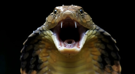 Aggressive Cobra Rattling Brown Scales with Open Mouth on Black