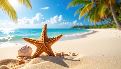 Beach Paradise with Starfish and Seashell on Sandy Shoreline Under Blue Sky Featuring Palm Trees in Tropical Landscape