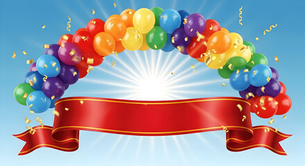 Rainbow Balloon Arch with Red Banner and Confetti Against Bright Blue Sky