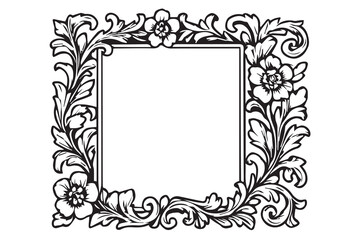 Black and white vector artwork of a carved wooden frame, highlighted with thick black outlines, perfect for artistic projects, design layouts, and decorative purposes.