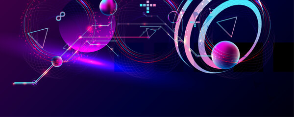 Dark retro futuristic cyberpunk elements abstraction background cosmos synthwave vaporwave retrowave glitch circle with blue and pink glows