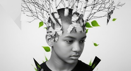 Surreal portrait of a person with forest hair and abstract elements