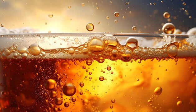 Close up of effervescent carbonated drink with rising bubbles and golden hues. - Powered by Adobe