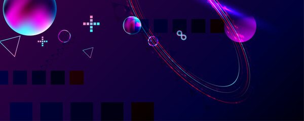 Dark retro futuristic cyberpunk elements abstraction background cosmos synthwave vaporwave retrowave glitch circle with blue and pink glows