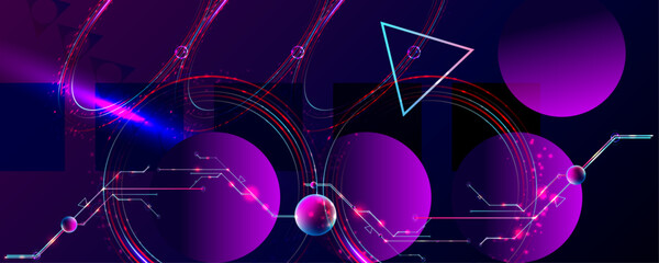 Dark retro futuristic cyberpunk elements abstraction background cosmos synthwave vaporwave retrowave glitch circle with blue and pink glows
