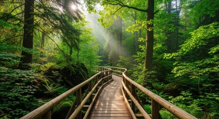 Obraz premium Enchanting forest pathway with sunbeams filtering through dense greenery creating a serene and