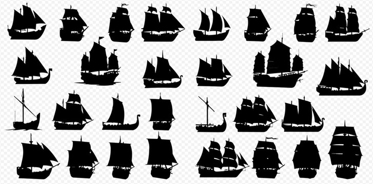 A collection of black silhouettes depicting various historical sailing ships and ancient boats.