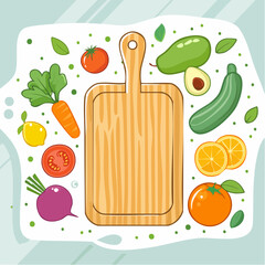 Wooden Cutting Board with Fresh Vegetables and Fruits