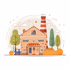 Countryside Farmhouse with Chimney and Wheat Sheaves