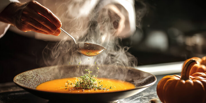 Chef sprinkles fresh herbs onto steaming bowl of soup, creating warm and inviting atmosphere. scene captures essence of culinary artistry and joy of cooking - Powered by Adobe