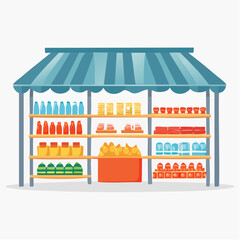 Vibrant Produce and Beverage Stand Under Striped Awning
