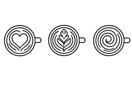 Clean minimalist vector of three different latte art styles in coffee cups, rendered in monochrome with strong black outlines for stylish caf&eacute; visuals.