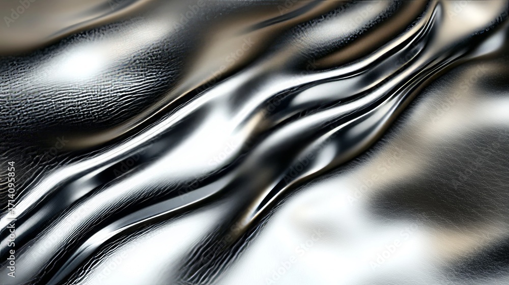 Poster liquid chrome surface reflecting light, abstract metallic texture with swirling gradient design