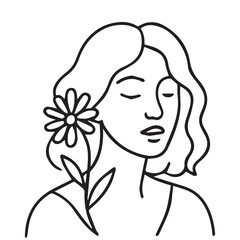 Minimalist vector illustration of a woman holding a flower, designed for Women’s Day, rendered in black and white with bold black outlines.