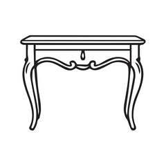 Simple vector depiction of a vintage wooden table, rendered in black and white with thick black outline, perfect for furniture catalogs, posters, or creative designs.