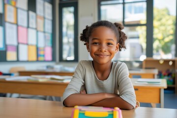 Smiling african american elementary schoolgirl sitting at desk in colorful classroom. Happy young student looking at camera during lesson with arms crossed on table