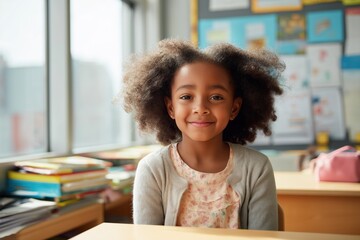 Cute african american schoolgirl smiling at desk in colorful elementary classroom. Young female student with curly hair looking at camera during lesson indoors