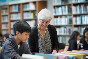 Senior female teacher helping asian male student with books in school library. Smiling older educator assisting young boy during study session at book shelves