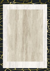 Abstract rectangular panel with beige textured surface framed by white border on dark patterned...