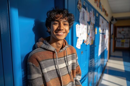 Smiling south asian teenage boy student leaning on lockers in school hallway. Happy high school male pupil in striped hoodie enjoying break in sunlit corridor - Powered by Adobe