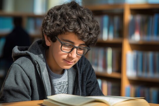Focused teenage boy student with glasses reading book at library desk. Young male learner studying alone in quiet academic space with shelves in background
