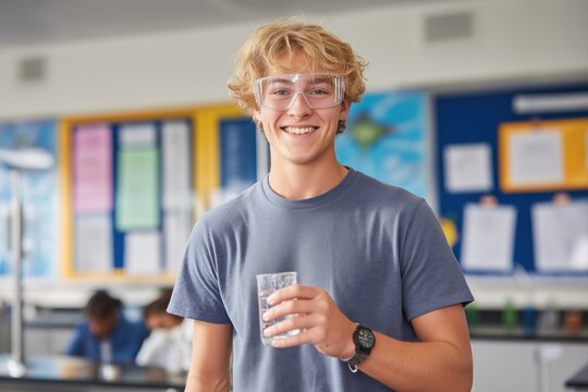 Smiling high school male student wearing safety goggles holding glass in science classroom. Blonde teenage boy posing during chemistry or biology experiment at school lab