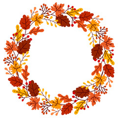Autumn Circle Wreath, Fall Leaves Frame, Decorative Autumn Border, Hand Drawn Frame with Leaf and Berries