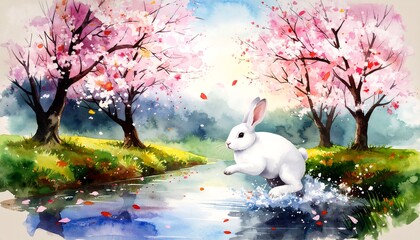Watercolor painting of a white rabbit leaping over a stream in a blossoming cherry tree forest