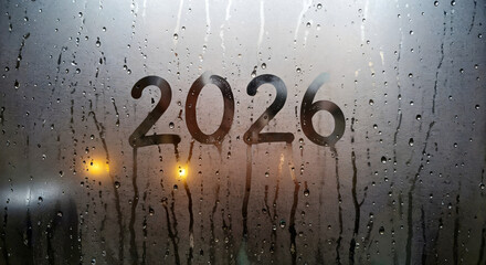 Year 2026 written on misty window with raindrops and warm light  