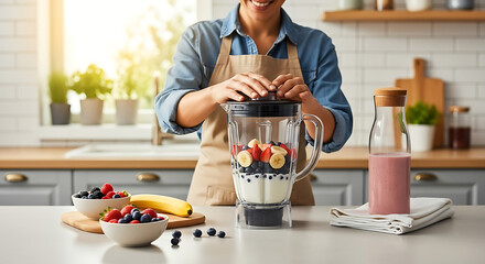 Smiling woman preparing delicious and nutritious smoothie using fresh fruits and a blender