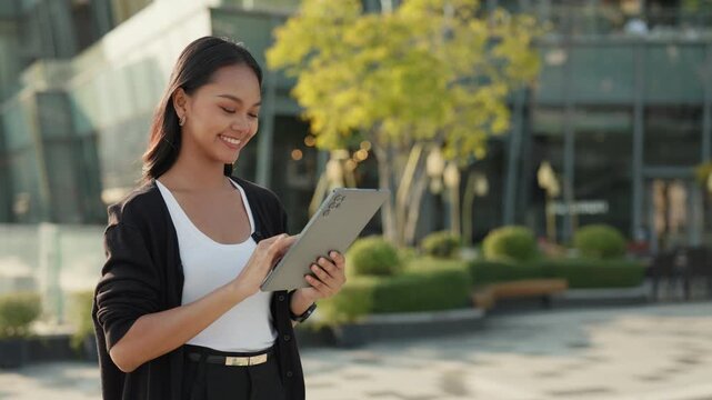 Portrait of smiling Asian woman works on digital tablet near office building. Cheerful lady browses internet via portable computer in summer downtown district. Internet technology