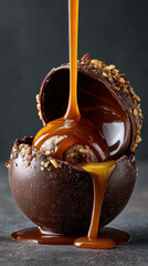 Liquid caramel is poured into a cracked chocolate sphere with nuts, revealing a truffle inside on a dark background. Concept of indulgent dessert preparation