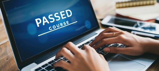 Person Typing on Computer with Success Message "PASSED COURSE"