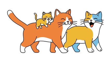 Happy Cat Family: A cheerful family of cats walks together. Two parent cats walk along together. One of them carries a cute kitten on its back, exuding warmth and joy.