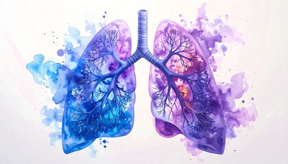 Artistic watercolor representation of the human lungs, showcasing intricate details of the bronchioles & alveoli with splashes of color