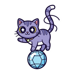 Adorable Cat balancing on gem: An adorably cute cartoon cat balances playfully atop a sparkling blue gem, radiating charm and whimsy in this illustration.