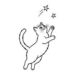 Whimsical Pursuit of Cosmic Wonders: A delightful illustration captures a playful kitten reaching for twinkling stars, evoking a sense of wonder, curiosity, and boundless imagination.