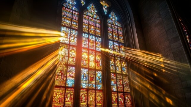 Majestic Stained Glass Windows Illuminating the Nave with Vibrant Colors and Divine Light Inside