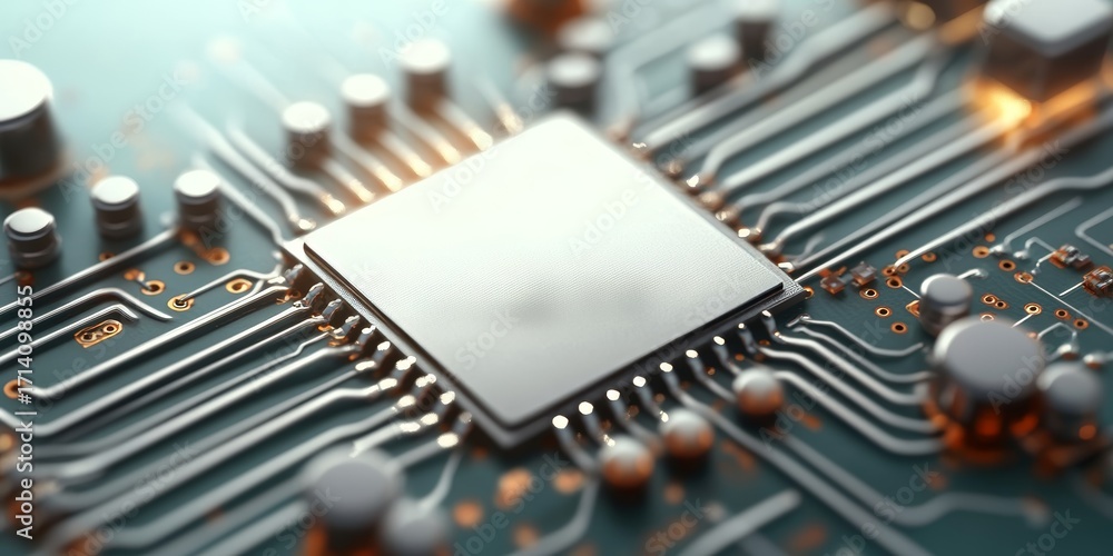Poster close up of silver microchip and circuitry for electronics technology background concept image.